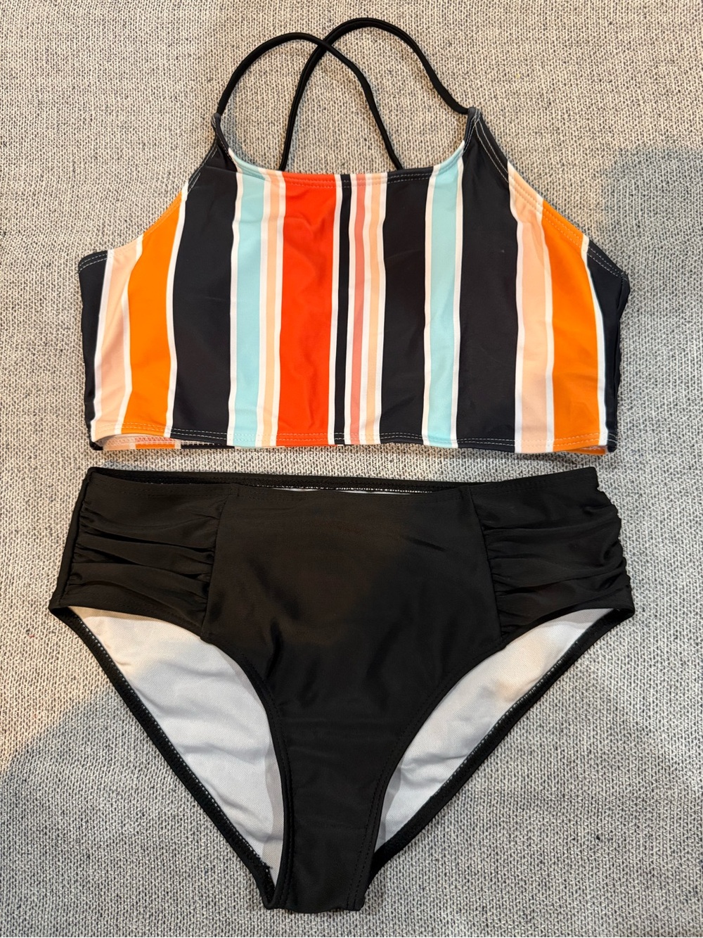 Girls' Striped Crop Bikini Top & Black Bottoms - Multi/Black